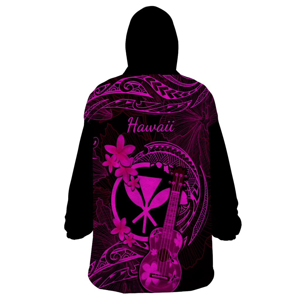 Hawaii Wearable Blanket Hoodie Ukulele Mix Polynesian Plumeria Pink Version - Wonder Print Shop
