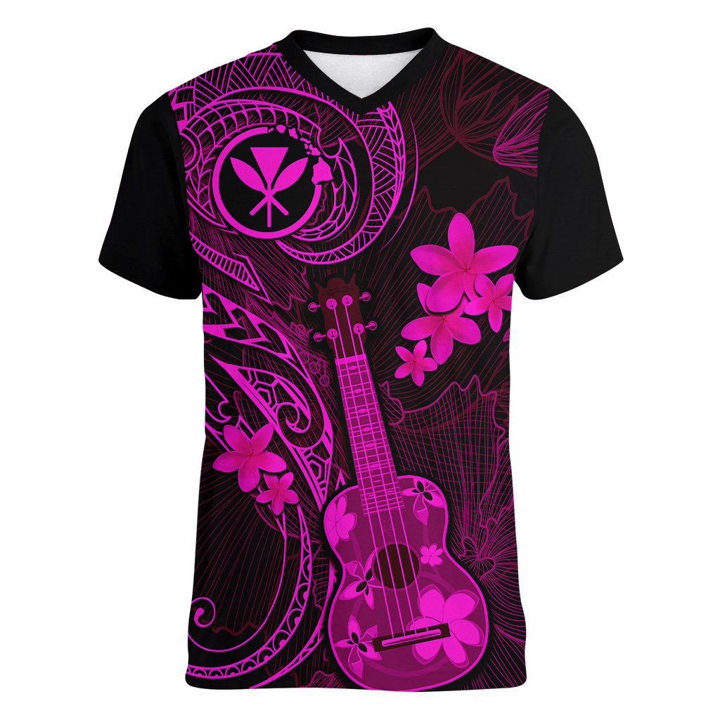 Hawaii Women V Neck T Shirt Ukulele Mix Polynesian Plumeria Pink Version - Wonder Print Shop