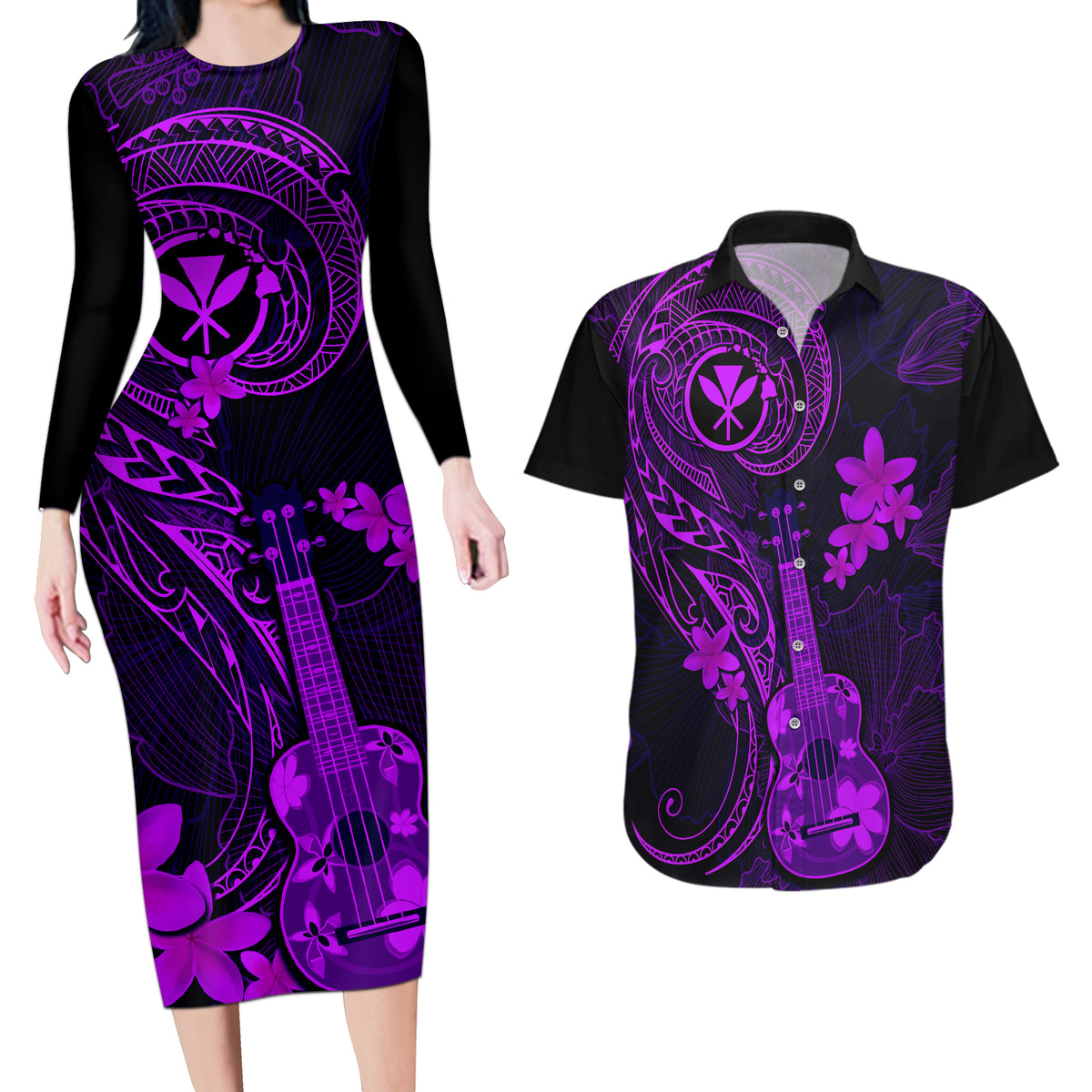 Hawaii Couples Matching Long Sleeve Bodycon Dress and Hawaiian Shirt Ukulele Mix Polynesian Plumeria Purple Version - Wonder Print Shop