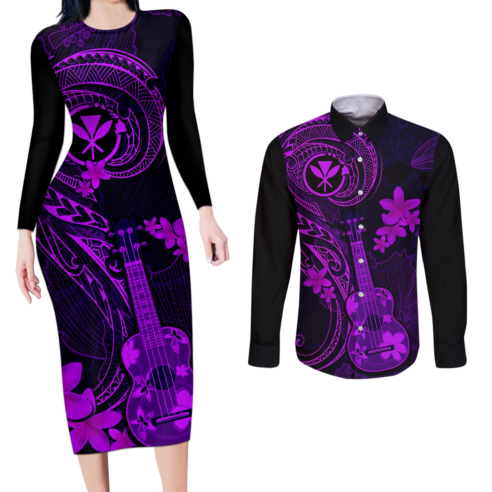 Hawaii Couples Matching Long Sleeve Bodycon Dress and Long Sleeve Button Shirts Ukulele Mix Polynesian Plumeria Purple Version - Wonder Print Shop