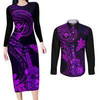 Hawaii Couples Matching Long Sleeve Bodycon Dress and Long Sleeve Button Shirts Ukulele Mix Polynesian Plumeria Purple Version - Wonder Print Shop