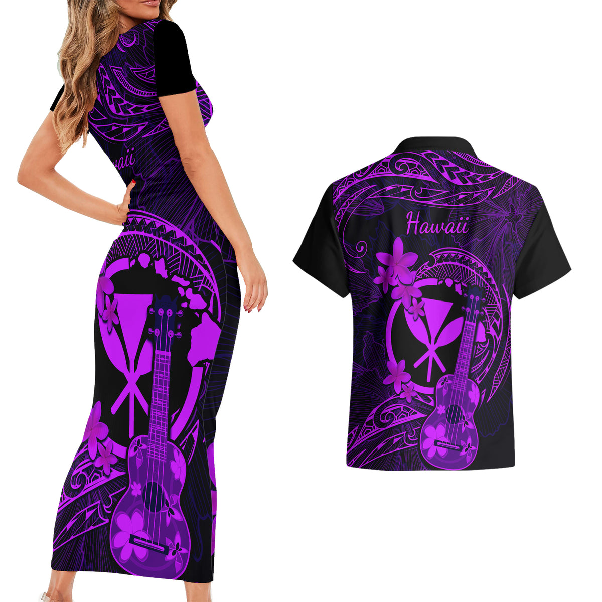 Hawaii Couples Matching Short Sleeve Bodycon Dress and Hawaiian Shirt Ukulele Mix Polynesian Plumeria Purple Version - Wonder Print Shop