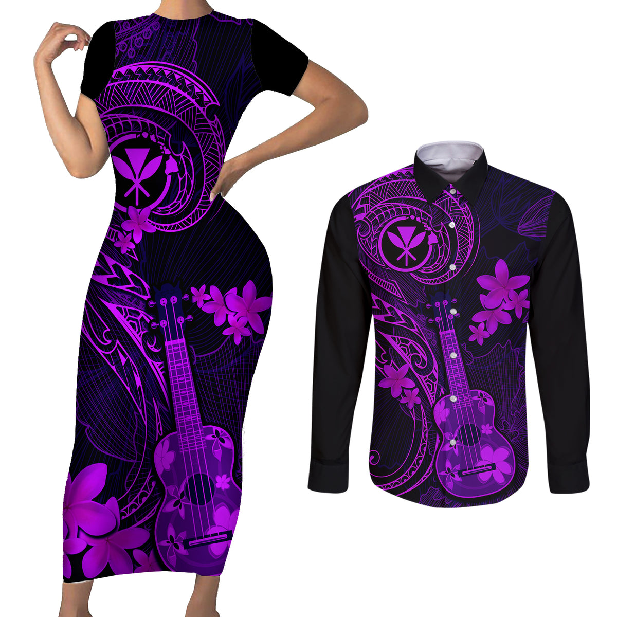 Hawaii Couples Matching Short Sleeve Bodycon Dress and Long Sleeve Button Shirts Ukulele Mix Polynesian Plumeria Purple Version - Wonder Print Shop