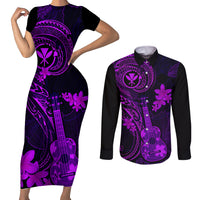 Hawaii Couples Matching Short Sleeve Bodycon Dress and Long Sleeve Button Shirts Ukulele Mix Polynesian Plumeria Purple Version - Wonder Print Shop