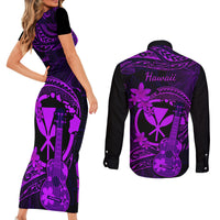 Hawaii Couples Matching Short Sleeve Bodycon Dress and Long Sleeve Button Shirts Ukulele Mix Polynesian Plumeria Purple Version - Wonder Print Shop