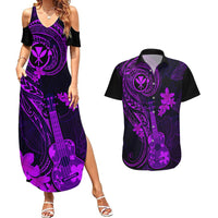 Hawaii Couples Matching Summer Maxi Dress and Hawaiian Shirt Ukulele Mix Polynesian Plumeria Purple Version - Wonder Print Shop