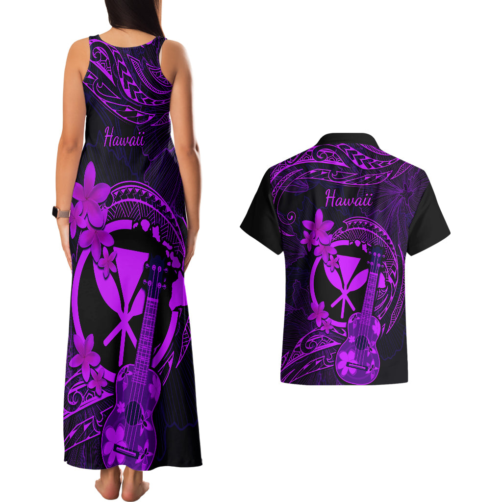 Hawaii Couples Matching Tank Maxi Dress and Hawaiian Shirt Ukulele Mix Polynesian Plumeria Purple Version - Wonder Print Shop