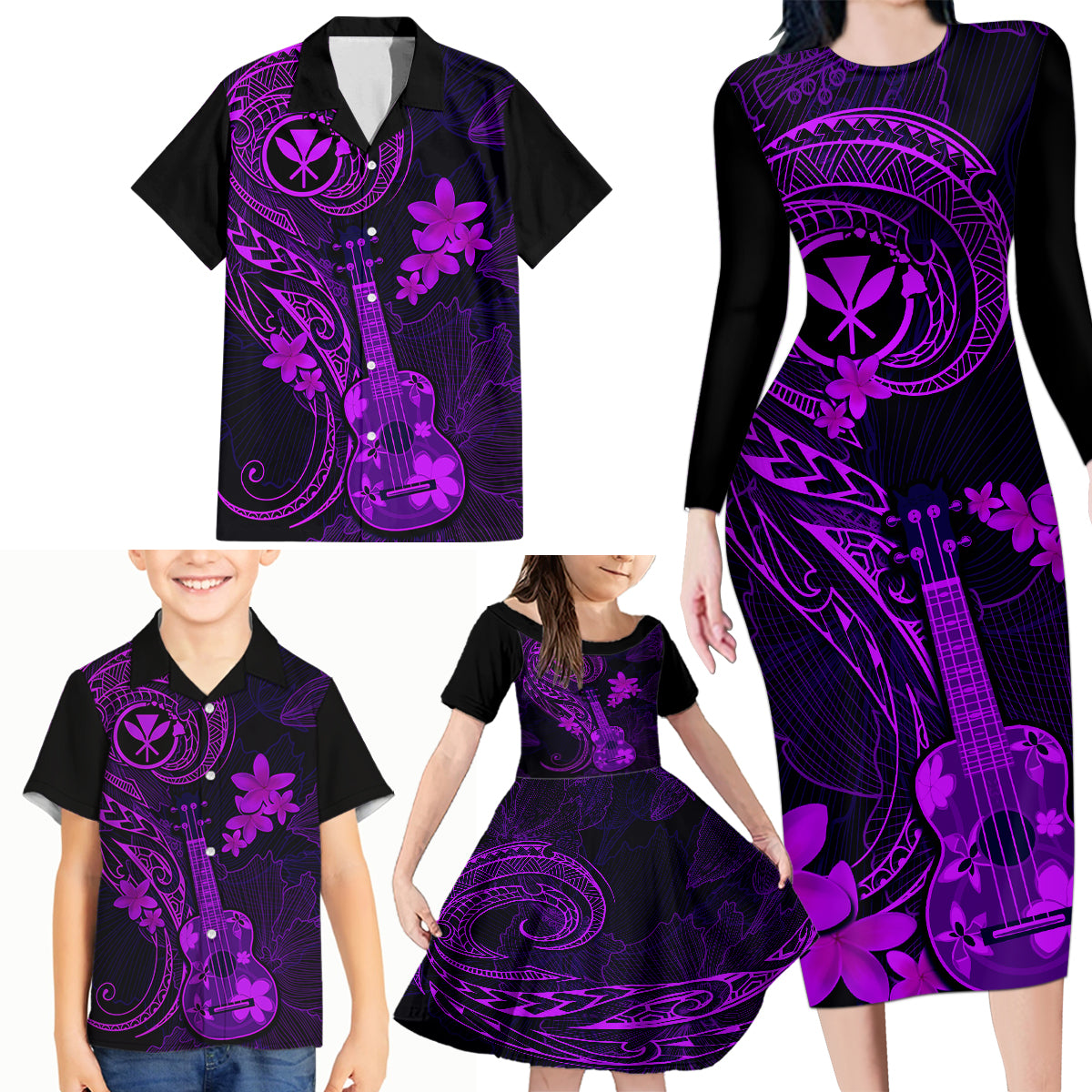 Hawaii Family Matching Long Sleeve Bodycon Dress and Hawaiian Shirt Ukulele Mix Polynesian Plumeria Purple Version - Wonder Print Shop