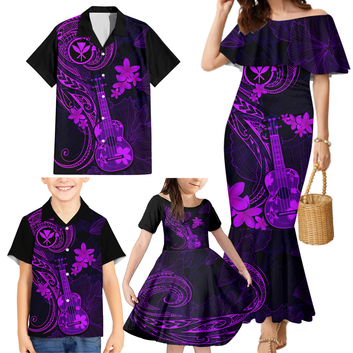 Hawaii Family Matching Mermaid Dress and Hawaiian Shirt Ukulele Mix Polynesian Plumeria Purple Version - Wonder Print Shop