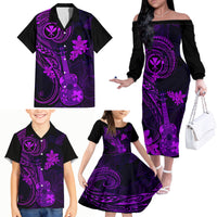 Hawaii Family Matching Off Shoulder Long Sleeve Dress and Hawaiian Shirt Ukulele Mix Polynesian Plumeria Purple Version - Wonder Print Shop