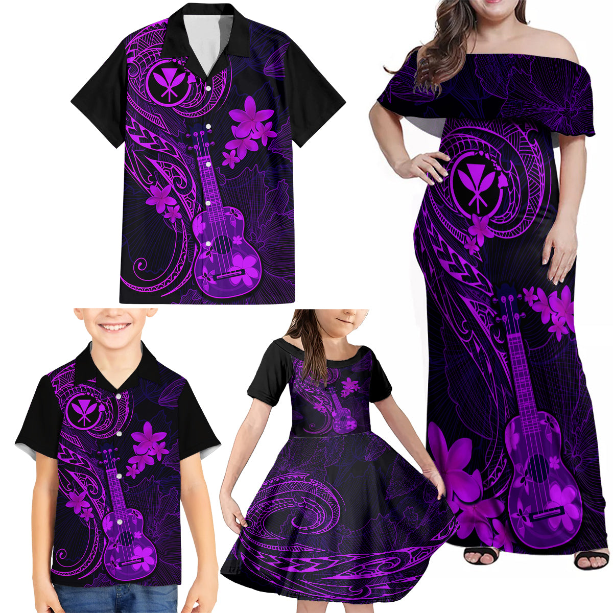 Hawaii Family Matching Off Shoulder Maxi Dress and Hawaiian Shirt Ukulele Mix Polynesian Plumeria Purple Version - Wonder Print Shop