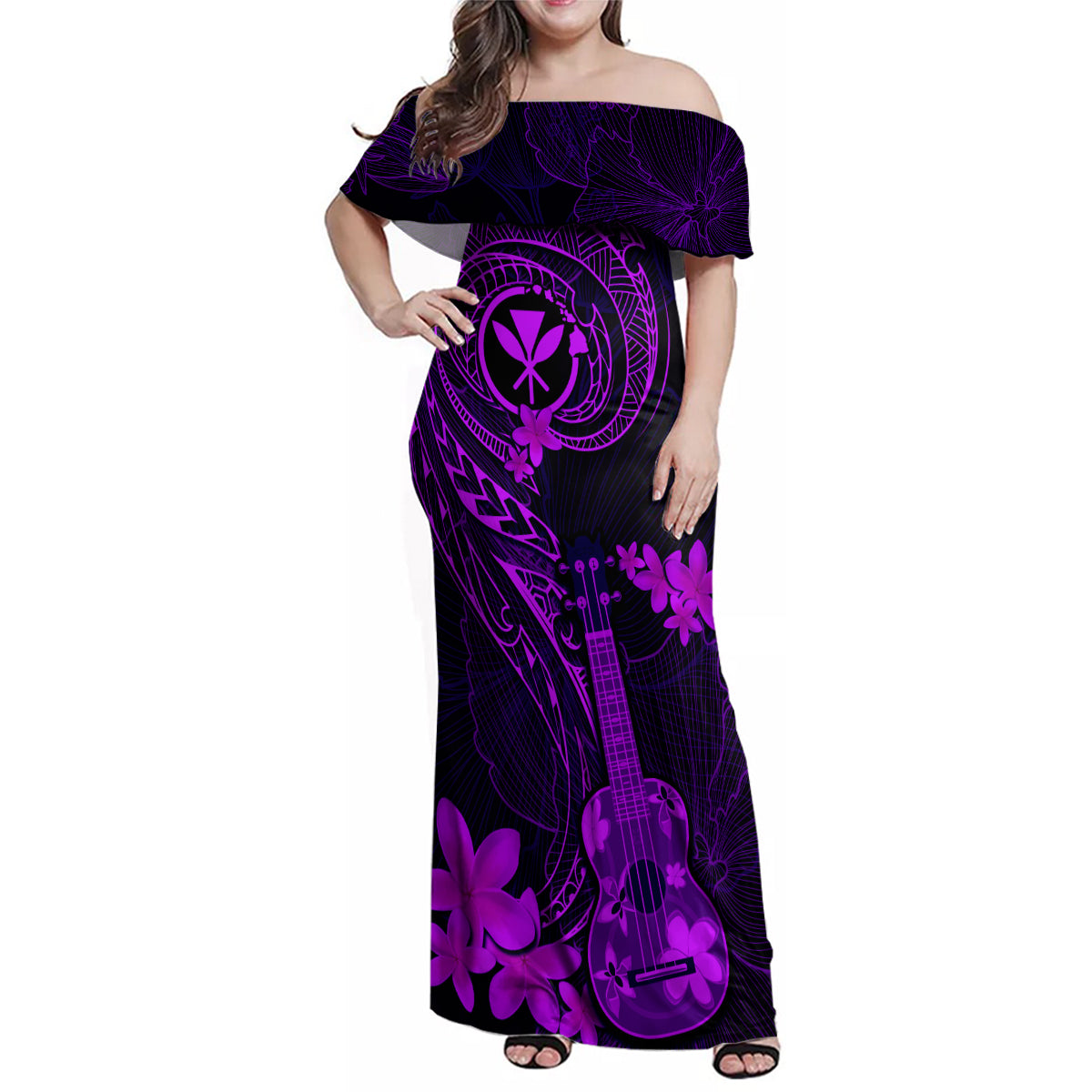 Hawaii Family Matching Off Shoulder Maxi Dress and Hawaiian Shirt Ukulele Mix Polynesian Plumeria Purple Version - Wonder Print Shop