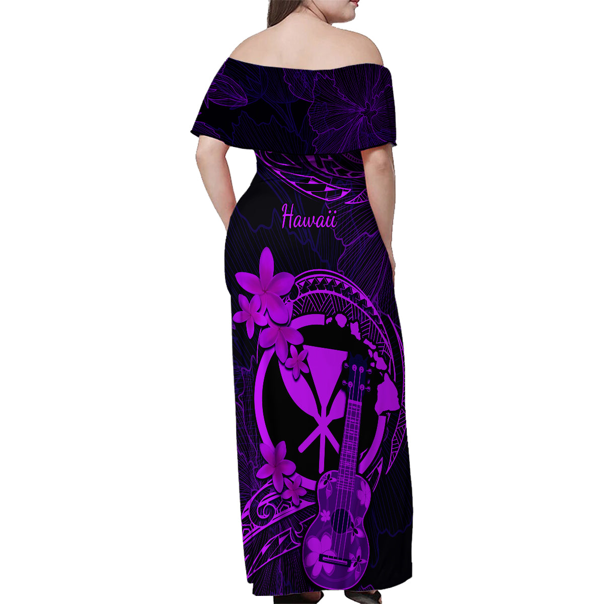 Hawaii Family Matching Off Shoulder Maxi Dress and Hawaiian Shirt Ukulele Mix Polynesian Plumeria Purple Version - Wonder Print Shop