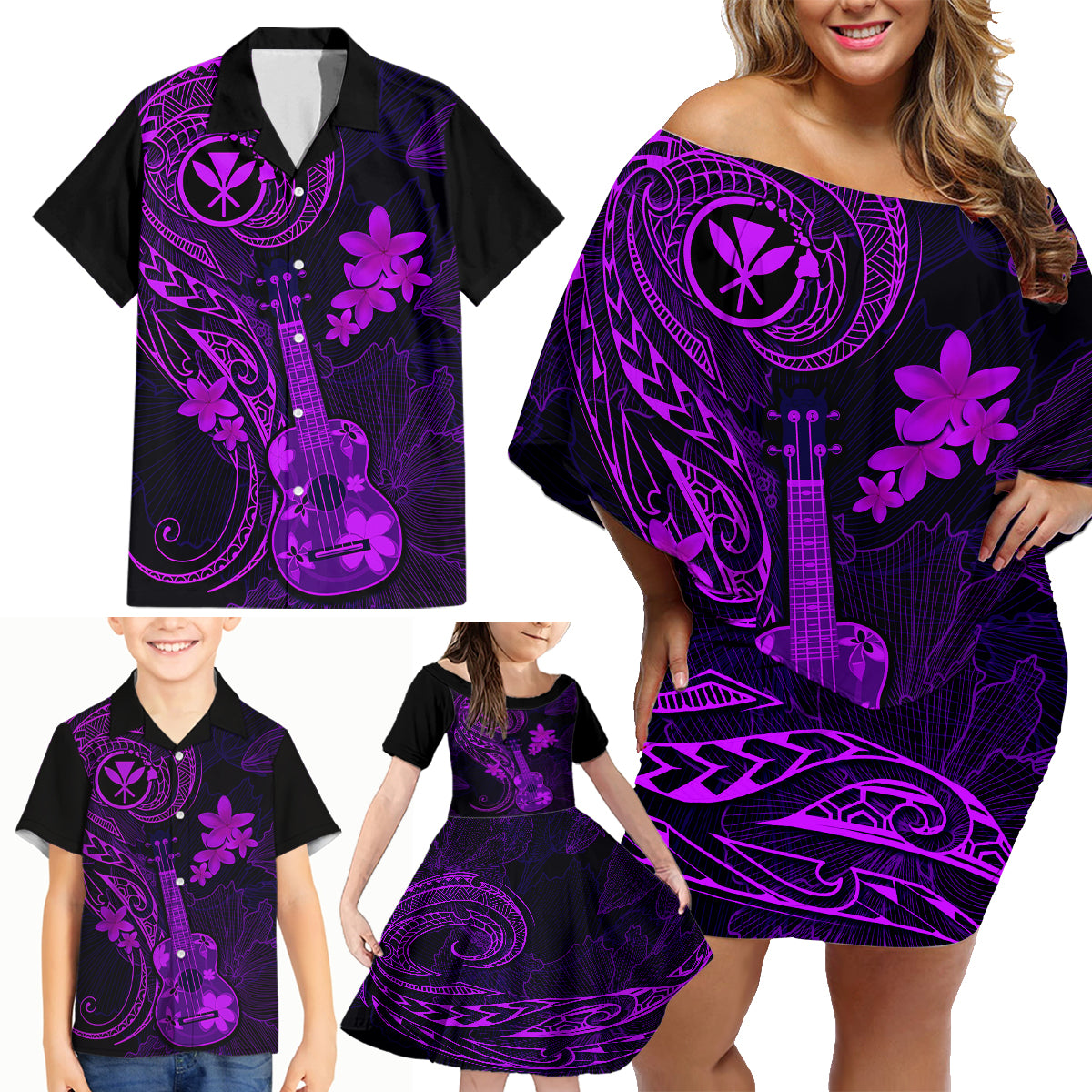 Hawaii Family Matching Off Shoulder Short Dress and Hawaiian Shirt Ukulele Mix Polynesian Plumeria Purple Version - Wonder Print Shop