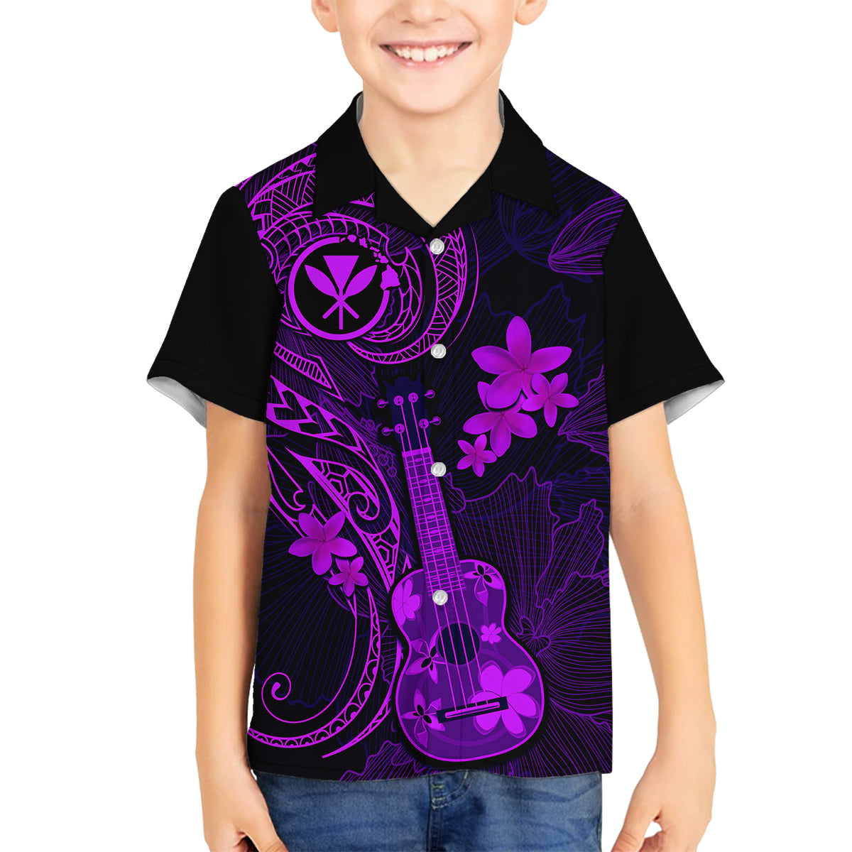 Hawaii Family Matching Off Shoulder Short Dress and Hawaiian Shirt Ukulele Mix Polynesian Plumeria Purple Version - Wonder Print Shop