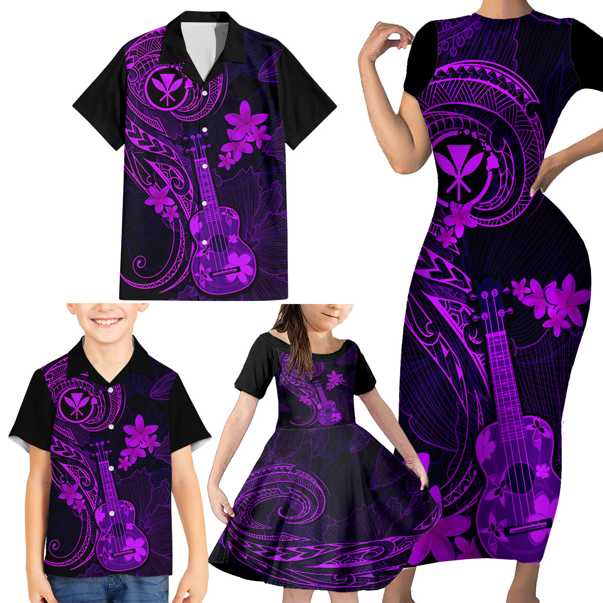 Hawaii Family Matching Short Sleeve Bodycon Dress and Hawaiian Shirt Ukulele Mix Polynesian Plumeria Purple Version - Wonder Print Shop