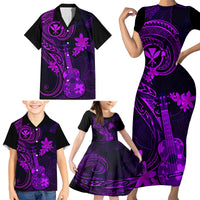 Hawaii Family Matching Short Sleeve Bodycon Dress and Hawaiian Shirt Ukulele Mix Polynesian Plumeria Purple Version - Wonder Print Shop