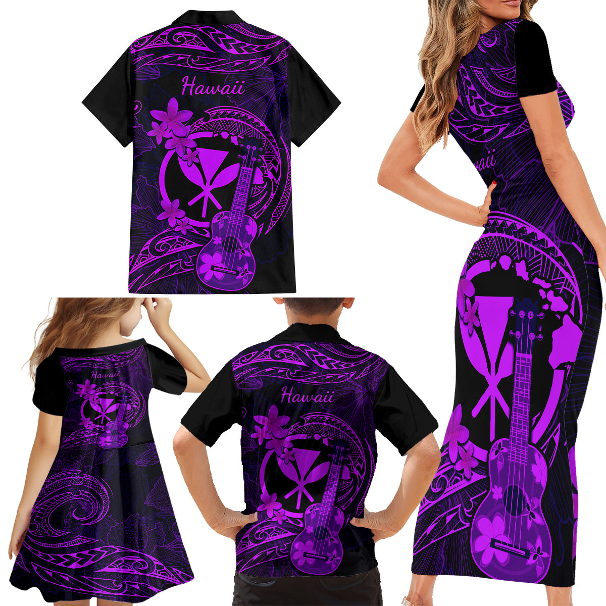 Hawaii Family Matching Short Sleeve Bodycon Dress and Hawaiian Shirt Ukulele Mix Polynesian Plumeria Purple Version - Wonder Print Shop