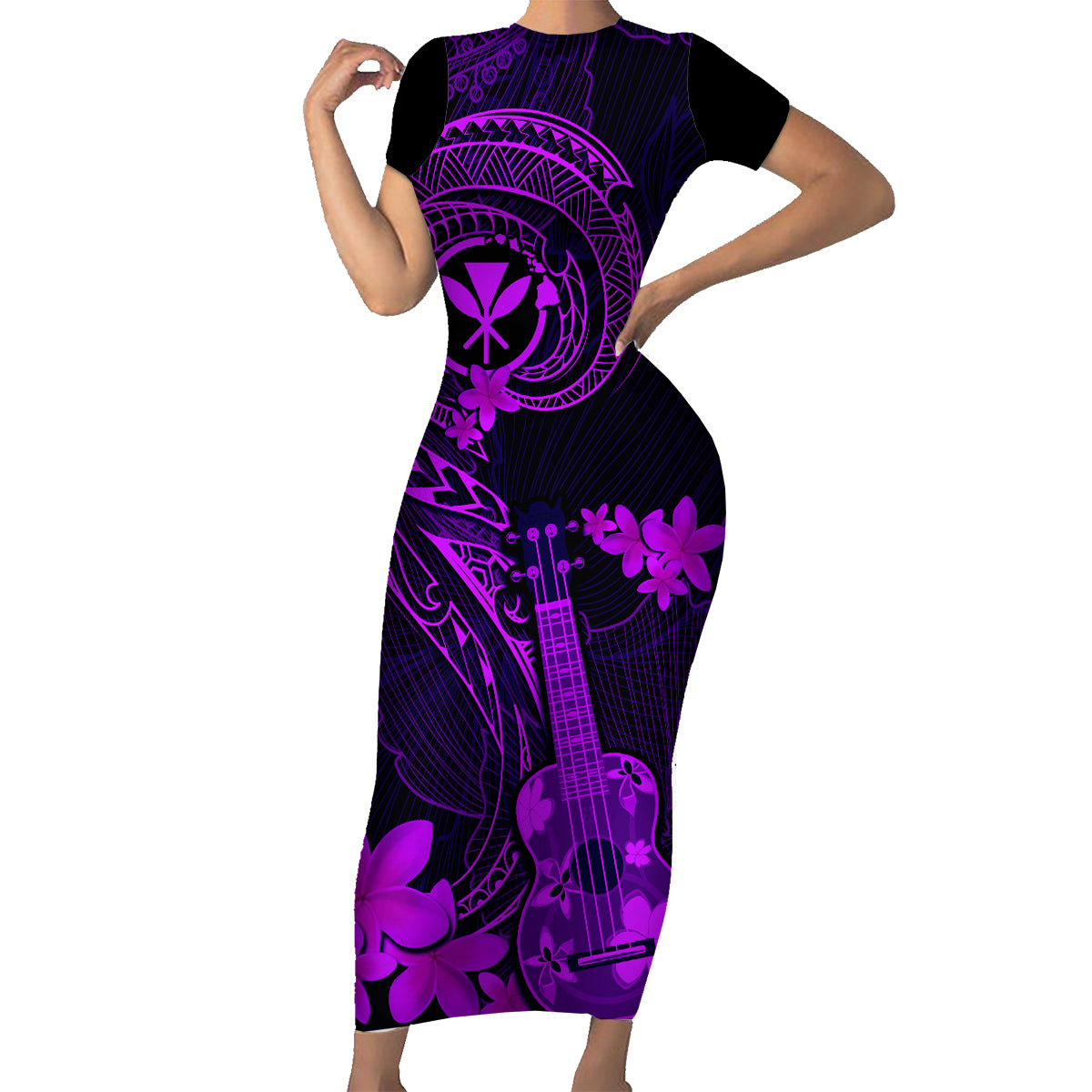 Hawaii Family Matching Short Sleeve Bodycon Dress and Hawaiian Shirt Ukulele Mix Polynesian Plumeria Purple Version - Wonder Print Shop