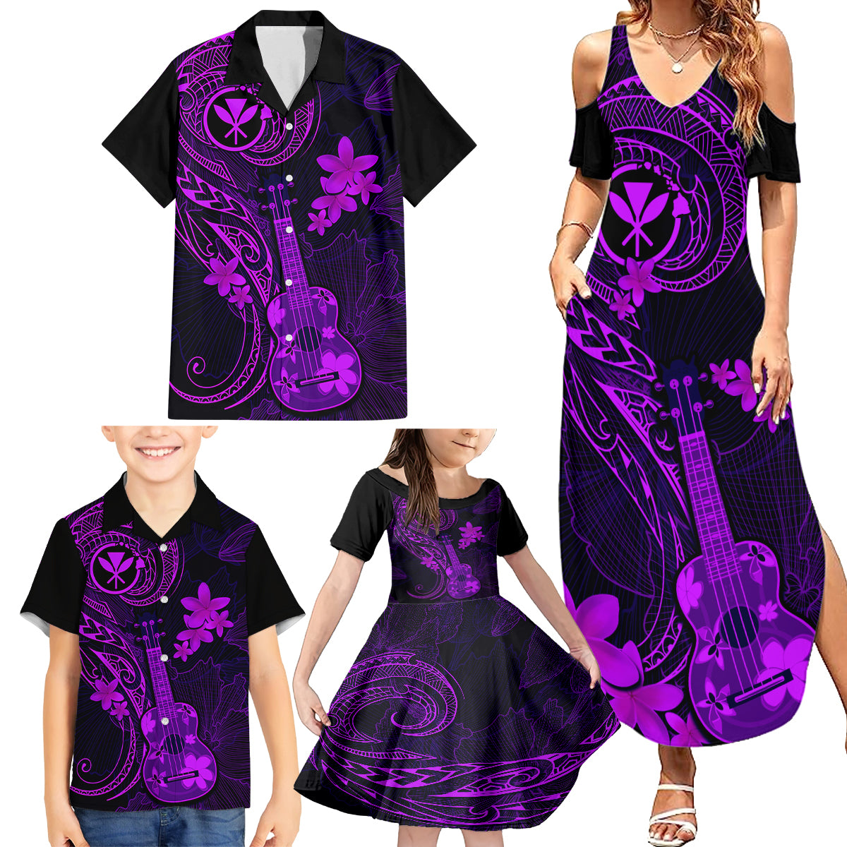 Hawaii Family Matching Summer Maxi Dress and Hawaiian Shirt Ukulele Mix Polynesian Plumeria Purple Version - Wonder Print Shop