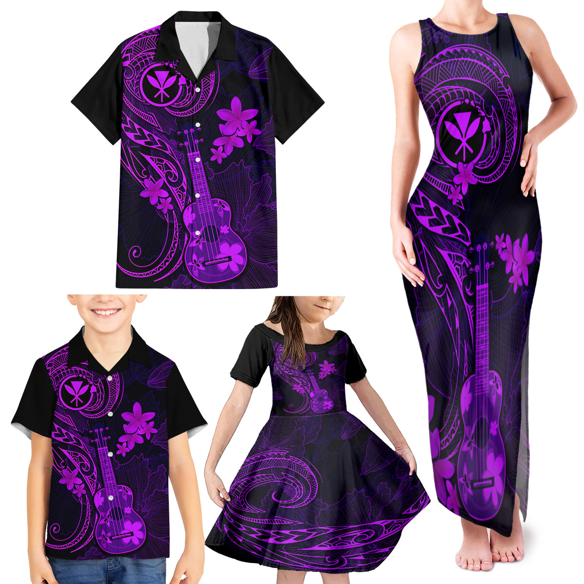 Hawaii Family Matching Tank Maxi Dress and Hawaiian Shirt Ukulele Mix Polynesian Plumeria Purple Version - Wonder Print Shop