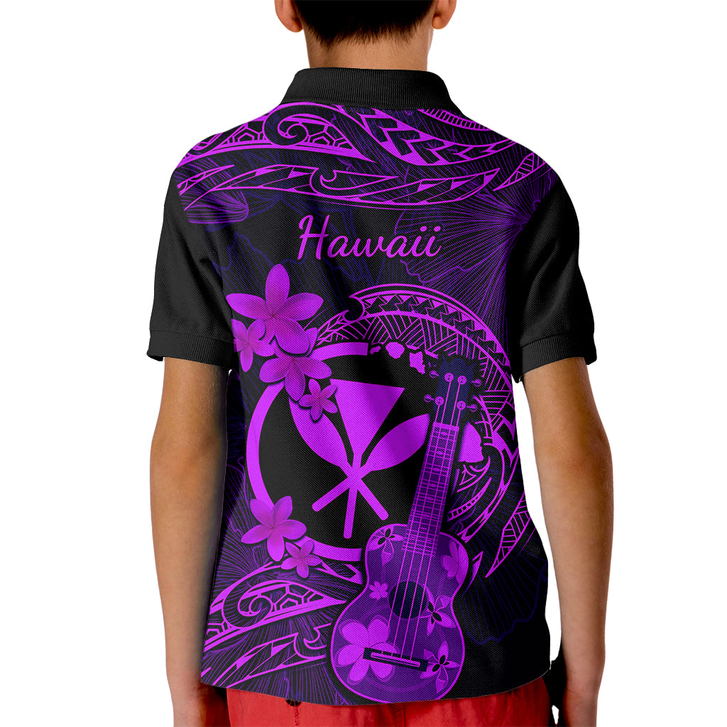 Hawaii Kid Polo Shirt Ukulele Mix Polynesian Plumeria Purple Version - Wonder Print Shop