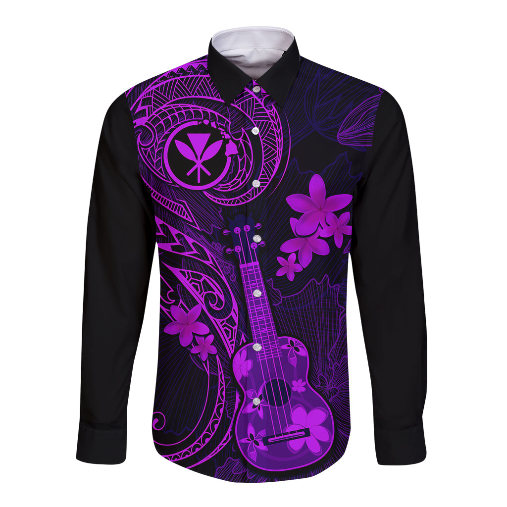 Hawaii Long Sleeve Button Shirt Ukulele Mix Polynesian Plumeria Purple Version - Wonder Print Shop