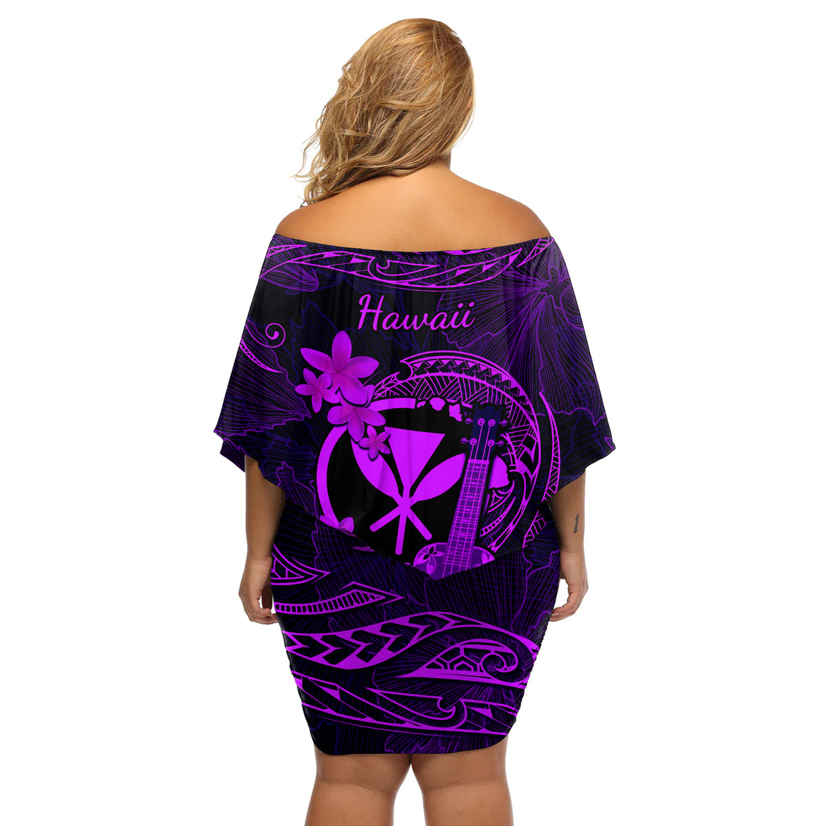 Hawaii Off Shoulder Short Dress Ukulele Mix Polynesian Plumeria Purple Version - Wonder Print Shop
