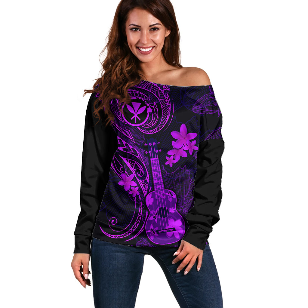 Hawaii Off Shoulder Sweater Ukulele Mix Polynesian Plumeria Purple Version - Wonder Print Shop