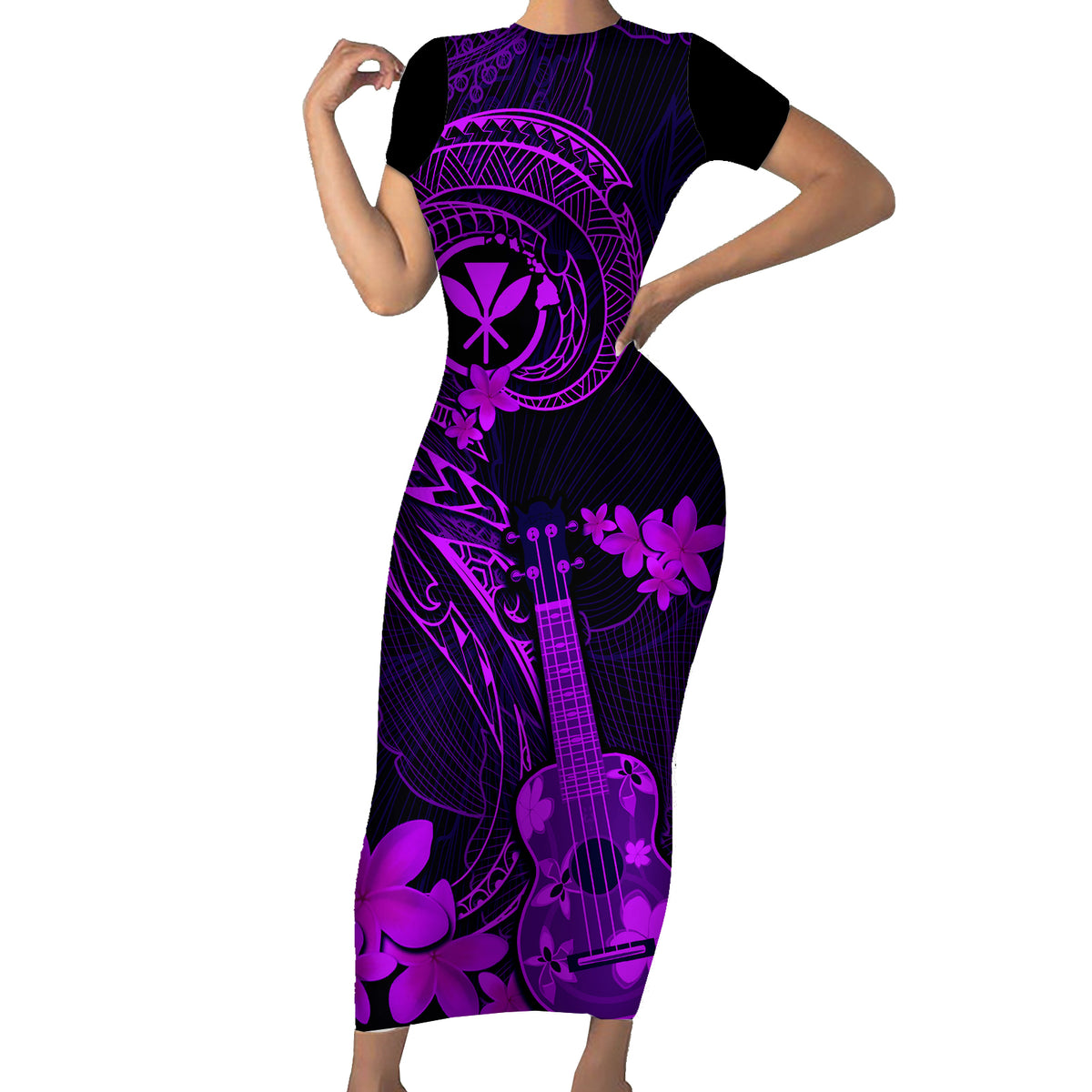 Hawaii Short Sleeve Bodycon Dress Ukulele Mix Polynesian Plumeria Purple Version - Wonder Print Shop
