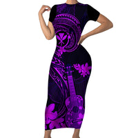 Hawaii Short Sleeve Bodycon Dress Ukulele Mix Polynesian Plumeria Purple Version - Wonder Print Shop