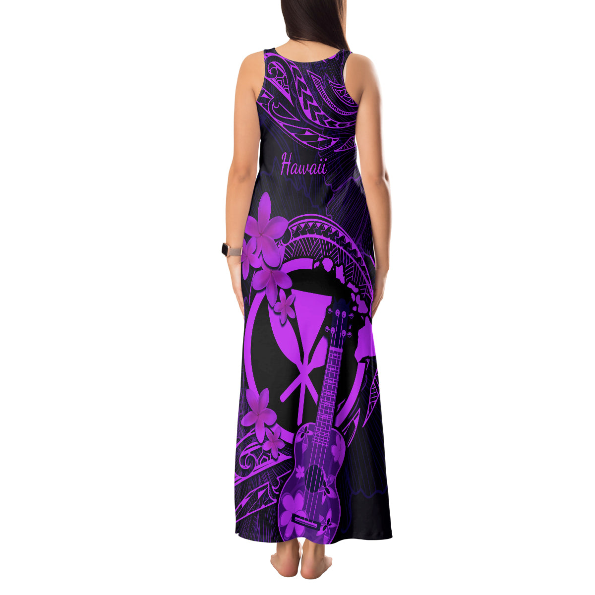 Hawaii Tank Maxi Dress Ukulele Mix Polynesian Plumeria Purple Version - Wonder Print Shop