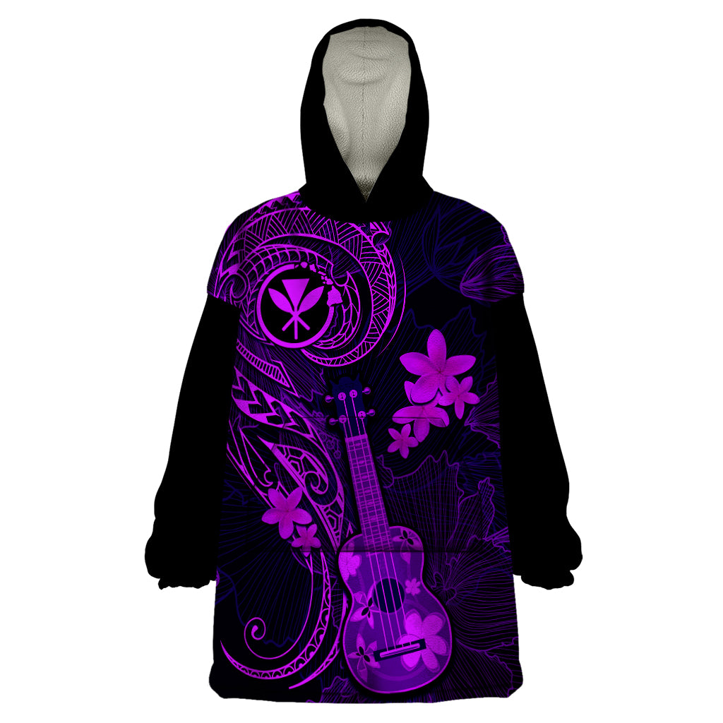 Hawaii Wearable Blanket Hoodie Ukulele Mix Polynesian Plumeria Purple Version - Wonder Print Shop