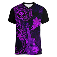 Hawaii Women V Neck T Shirt Ukulele Mix Polynesian Plumeria Purple Version - Wonder Print Shop