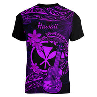 Hawaii Women V Neck T Shirt Ukulele Mix Polynesian Plumeria Purple Version - Wonder Print Shop