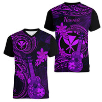 Hawaii Women V Neck T Shirt Ukulele Mix Polynesian Plumeria Purple Version - Wonder Print Shop