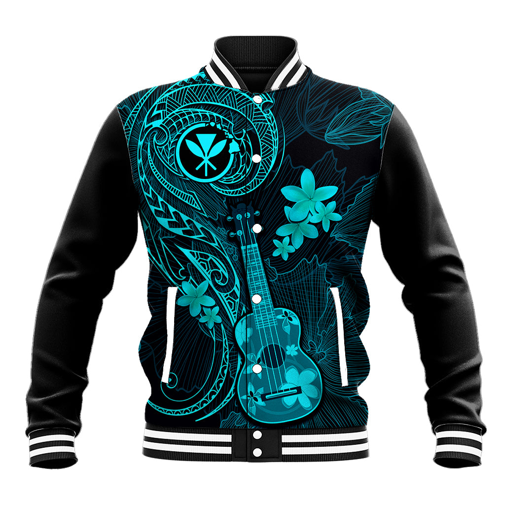 Hawaii Baseball Jacket Ukulele Mix Polynesian Plumeria Turquoise Version - Wonder Print Shop