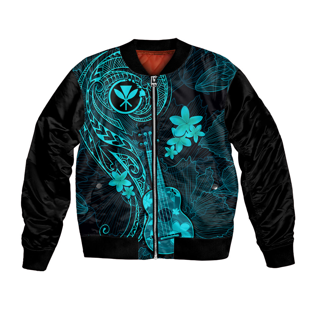 Hawaii Bomber Jacket Ukulele Mix Polynesian Plumeria Turquoise Version - Wonder Print Shop