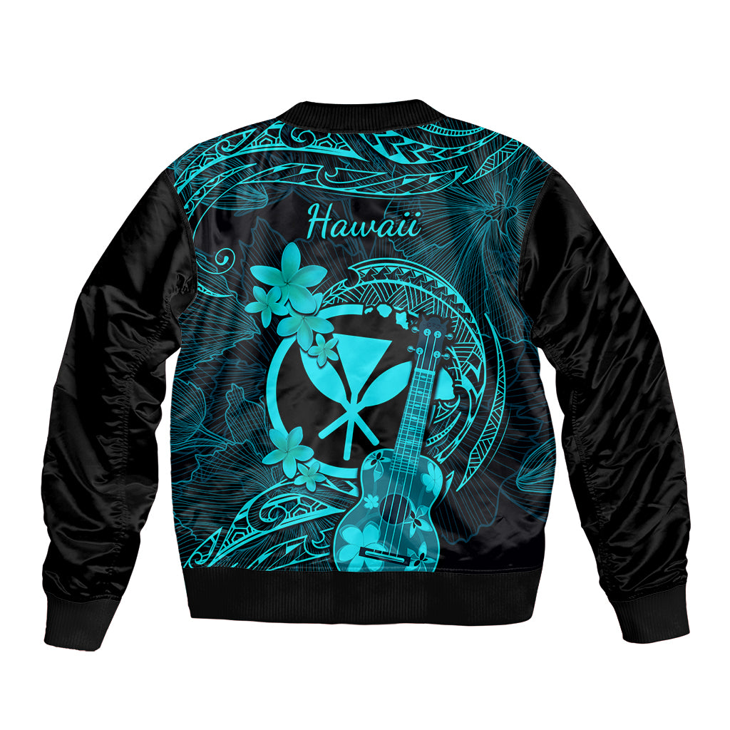 Hawaii Bomber Jacket Ukulele Mix Polynesian Plumeria Turquoise Version - Wonder Print Shop