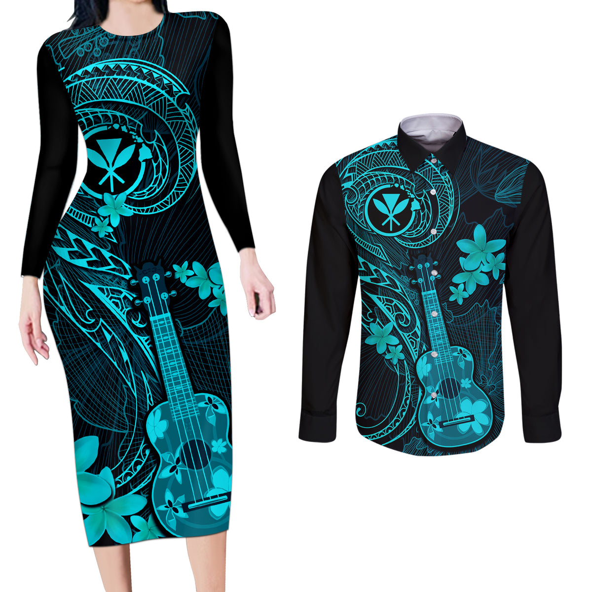 Hawaii Couples Matching Long Sleeve Bodycon Dress and Long Sleeve Button Shirts Ukulele Mix Polynesian Plumeria Turquoise Version - Wonder Print Shop