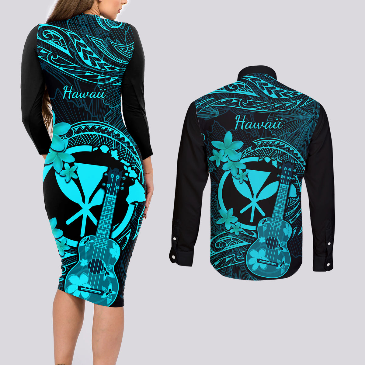 Hawaii Couples Matching Long Sleeve Bodycon Dress and Long Sleeve Button Shirts Ukulele Mix Polynesian Plumeria Turquoise Version - Wonder Print Shop