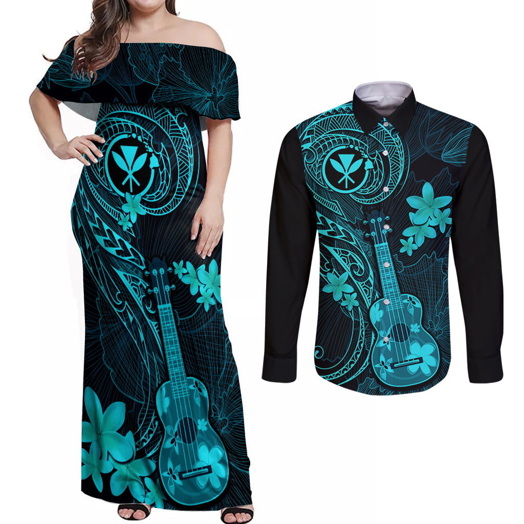 Hawaii Couples Matching Off Shoulder Maxi Dress and Long Sleeve Button Shirts Ukulele Mix Polynesian Plumeria Turquoise Version - Wonder Print Shop