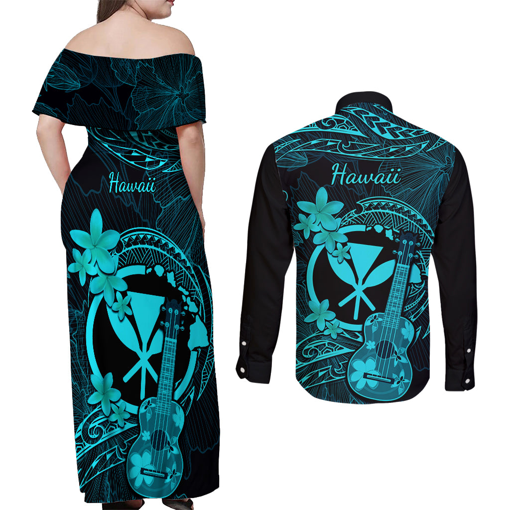 Hawaii Couples Matching Off Shoulder Maxi Dress and Long Sleeve Button Shirts Ukulele Mix Polynesian Plumeria Turquoise Version - Wonder Print Shop