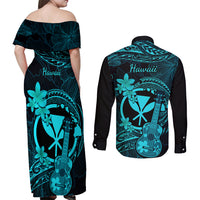 Hawaii Couples Matching Off Shoulder Maxi Dress and Long Sleeve Button Shirts Ukulele Mix Polynesian Plumeria Turquoise Version - Wonder Print Shop