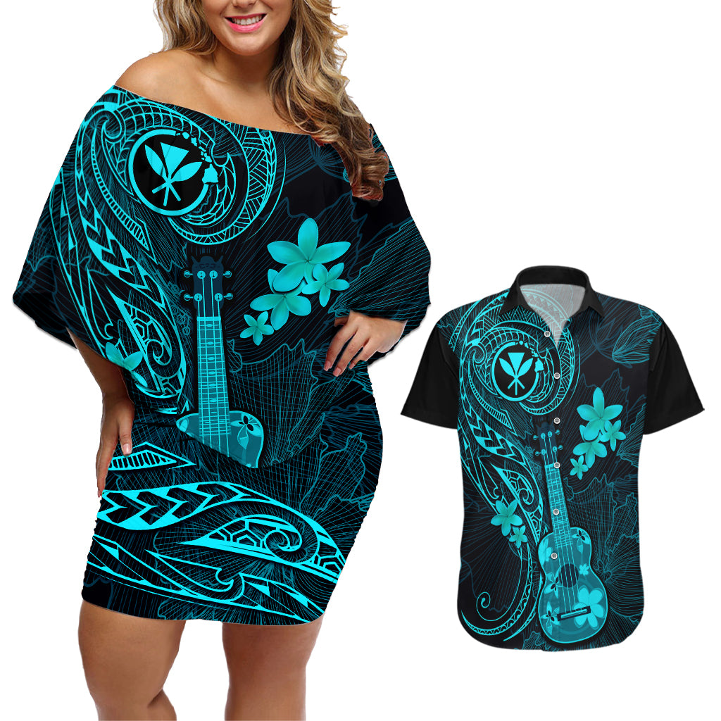 Hawaii Couples Matching Off Shoulder Short Dress and Hawaiian Shirt Ukulele Mix Polynesian Plumeria Turquoise Version - Wonder Print Shop