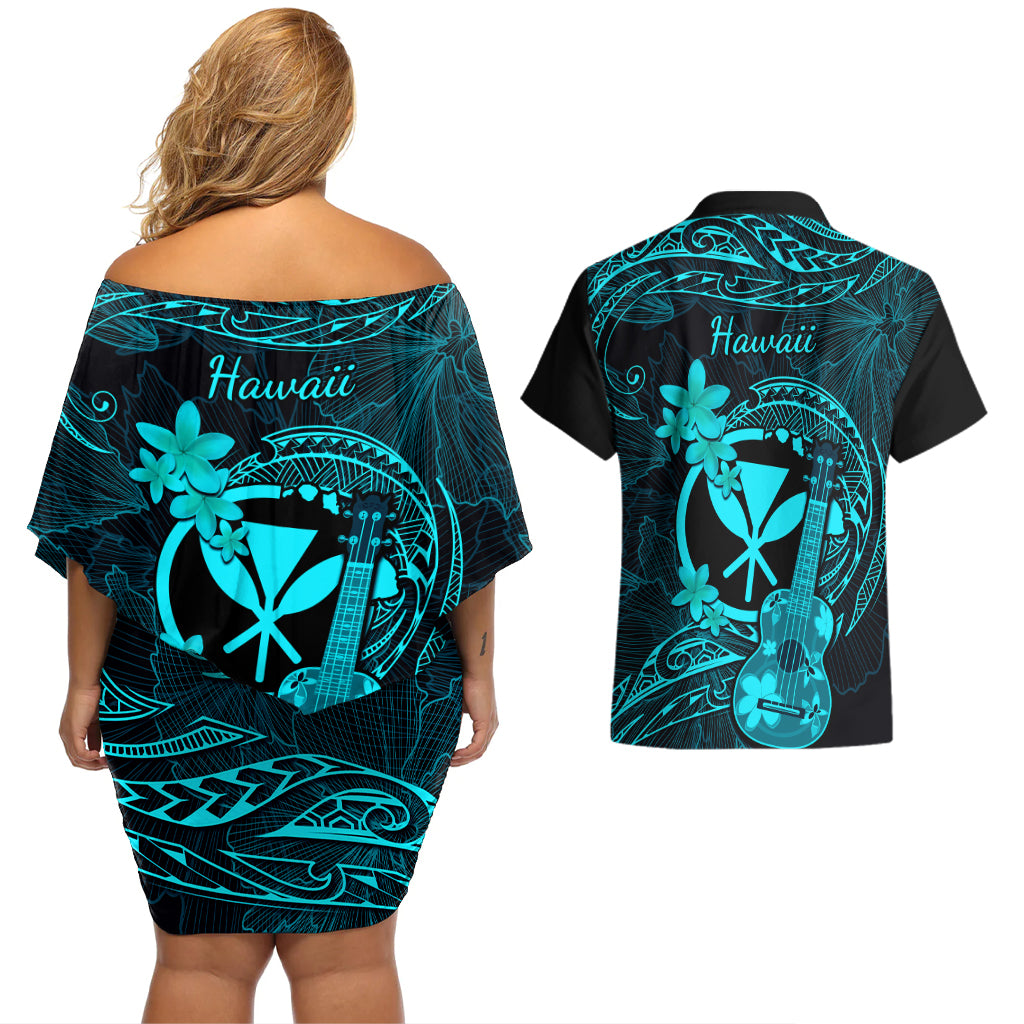 Hawaii Couples Matching Off Shoulder Short Dress and Hawaiian Shirt Ukulele Mix Polynesian Plumeria Turquoise Version - Wonder Print Shop