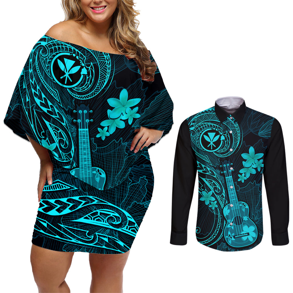 Hawaii Couples Matching Off Shoulder Short Dress and Long Sleeve Button Shirts Ukulele Mix Polynesian Plumeria Turquoise Version - Wonder Print Shop