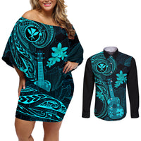 Hawaii Couples Matching Off Shoulder Short Dress and Long Sleeve Button Shirts Ukulele Mix Polynesian Plumeria Turquoise Version - Wonder Print Shop
