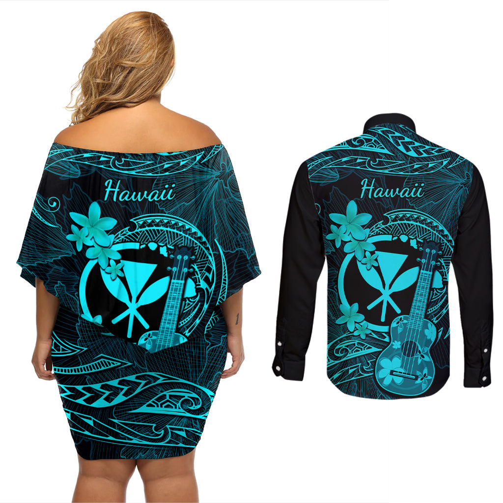 Hawaii Couples Matching Off Shoulder Short Dress and Long Sleeve Button Shirts Ukulele Mix Polynesian Plumeria Turquoise Version - Wonder Print Shop