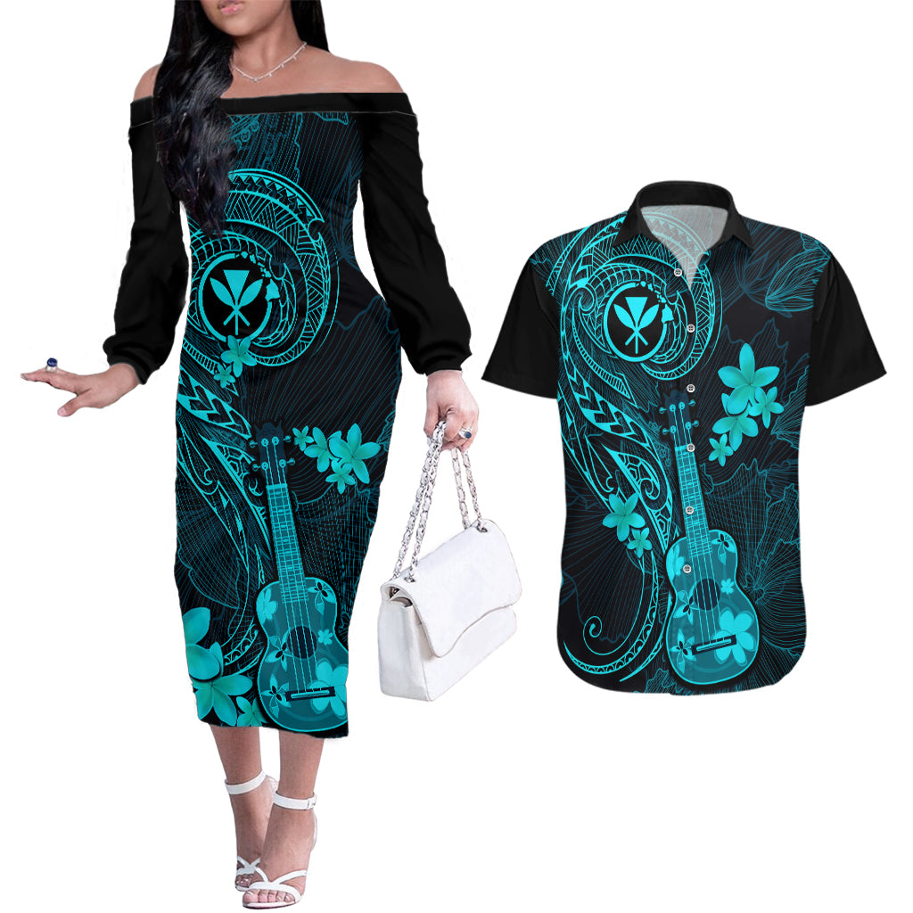 Hawaii Couples Matching Off The Shoulder Long Sleeve Dress and Hawaiian Shirt Ukulele Mix Polynesian Plumeria Turquoise Version - Wonder Print Shop
